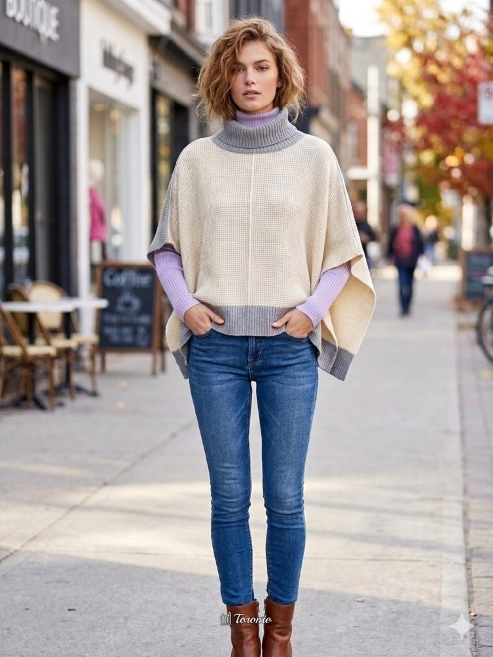 Wilfred free Cream and Gray Turtleneck Knit Poncho Sweater in size xxs